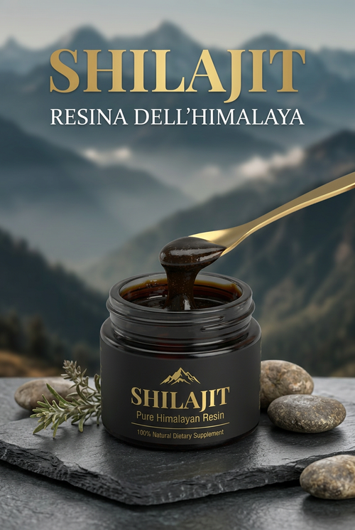 Shilajit in vasetto nero con etichetta dorata e paesaggio montano.