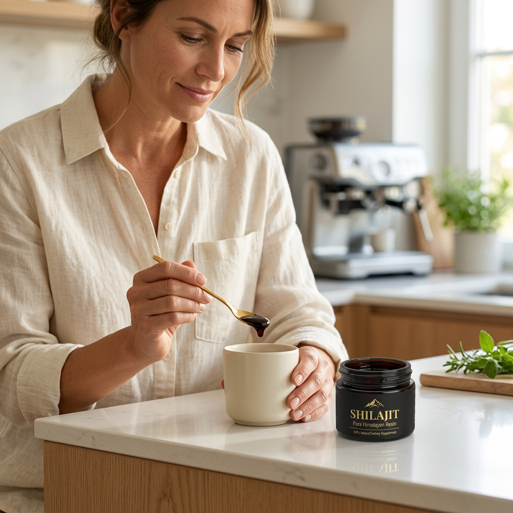 Scena illustrativa generata: donna che prepara lo Shilajit in cucina.