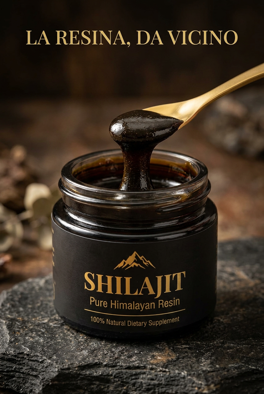 Dettaglio della resina di Shilajit con cucchiaio dorato.