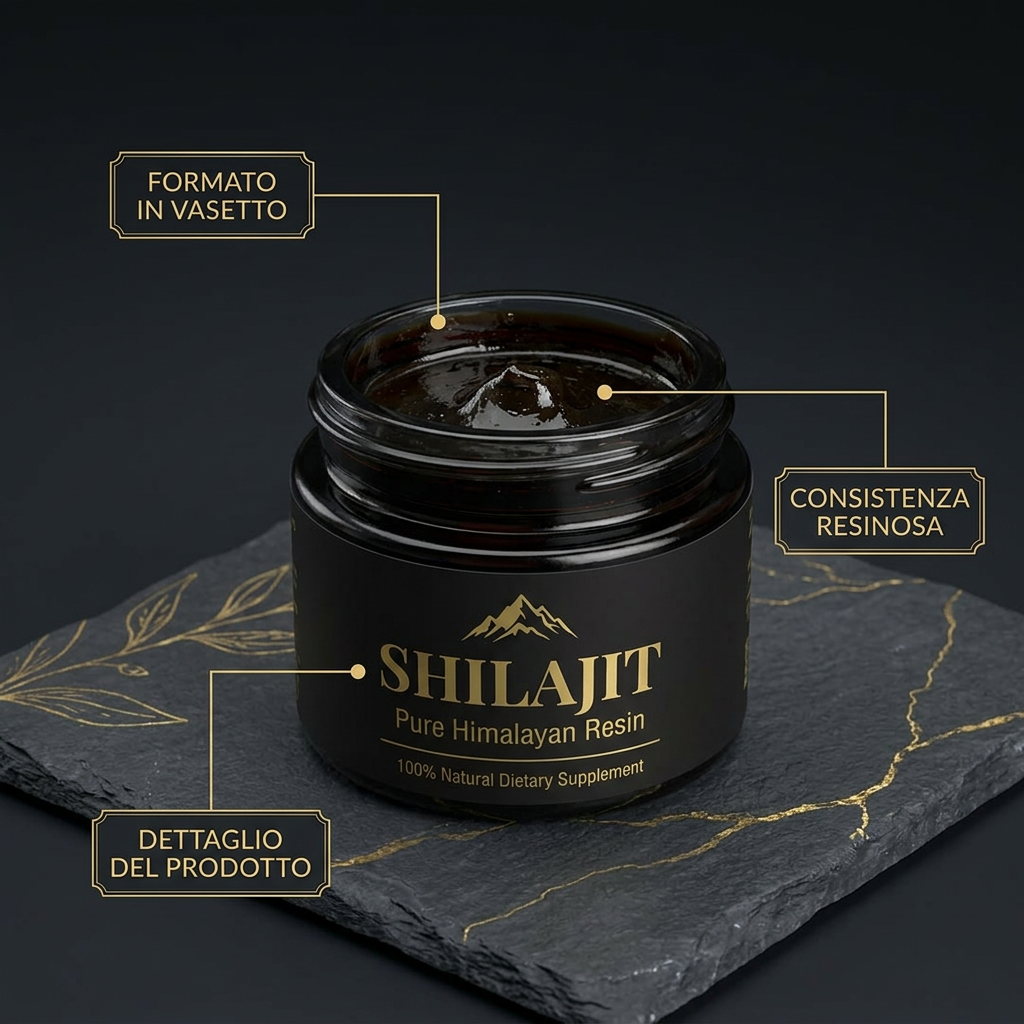 Dettagli del vasetto e della consistenza resinosa dello Shilajit.