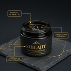 Dettagli del vasetto e della consistenza resinosa dello Shilajit.