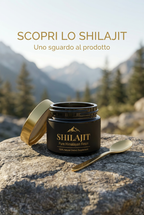 Presentazione dello Shilajit con etichetta dorata.